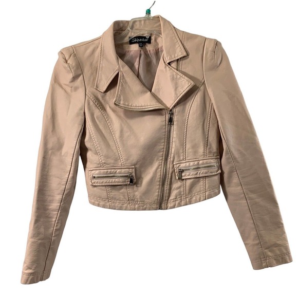 Shinestar‎ Moto Jacket Womens Medium M Pale Pink Faux Leather Zip Up Biker - Picture 1 of 10
